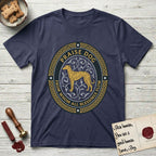 Praise Dog From Whom All Blessings Flow Galgo T-Shirt flat lay in Navy, featuring a gold and navy oval medallion with a brindle Galgo standing in profile over silver filigree vines, a knotwork border, and the words Praise Dog From Whom All Blessings Flow.