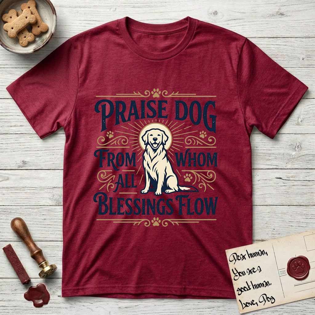 Praise Dog From Whom All Blessings Flow Golden Retriever T-Shirt flat lay in Antique Cherry Red, featuring a bold Western hand-lettered "Praise Dog" design in navy and gold with a haloed Golden Retriever at center.