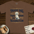 Praise Dog From Whom All Blessings Flow Golden Retriever T-Shirt flat lay in Espresso, featuring a bold Western hand-lettered "Praise Dog" design in navy and gold with a haloed Golden Retriever at center.