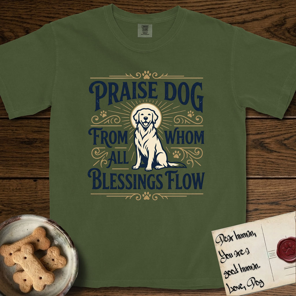 Praise Dog From Whom All Blessings Flow Golden Retriever T-Shirt flat lay in Hemp, featuring a bold Western hand-lettered "Praise Dog" design in navy and gold with a haloed Golden Retriever at center.