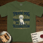Praise Dog From Whom All Blessings Flow Golden Retriever T-Shirt flat lay in Hemp, featuring a bold Western hand-lettered "Praise Dog" design in navy and gold with a haloed Golden Retriever at center.