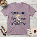 Praise Dog From Whom All Blessings Flow Golden Retriever T-Shirt flat lay in Paragon, featuring a bold Western hand-lettered "Praise Dog" design in navy and gold with a haloed Golden Retriever at center.