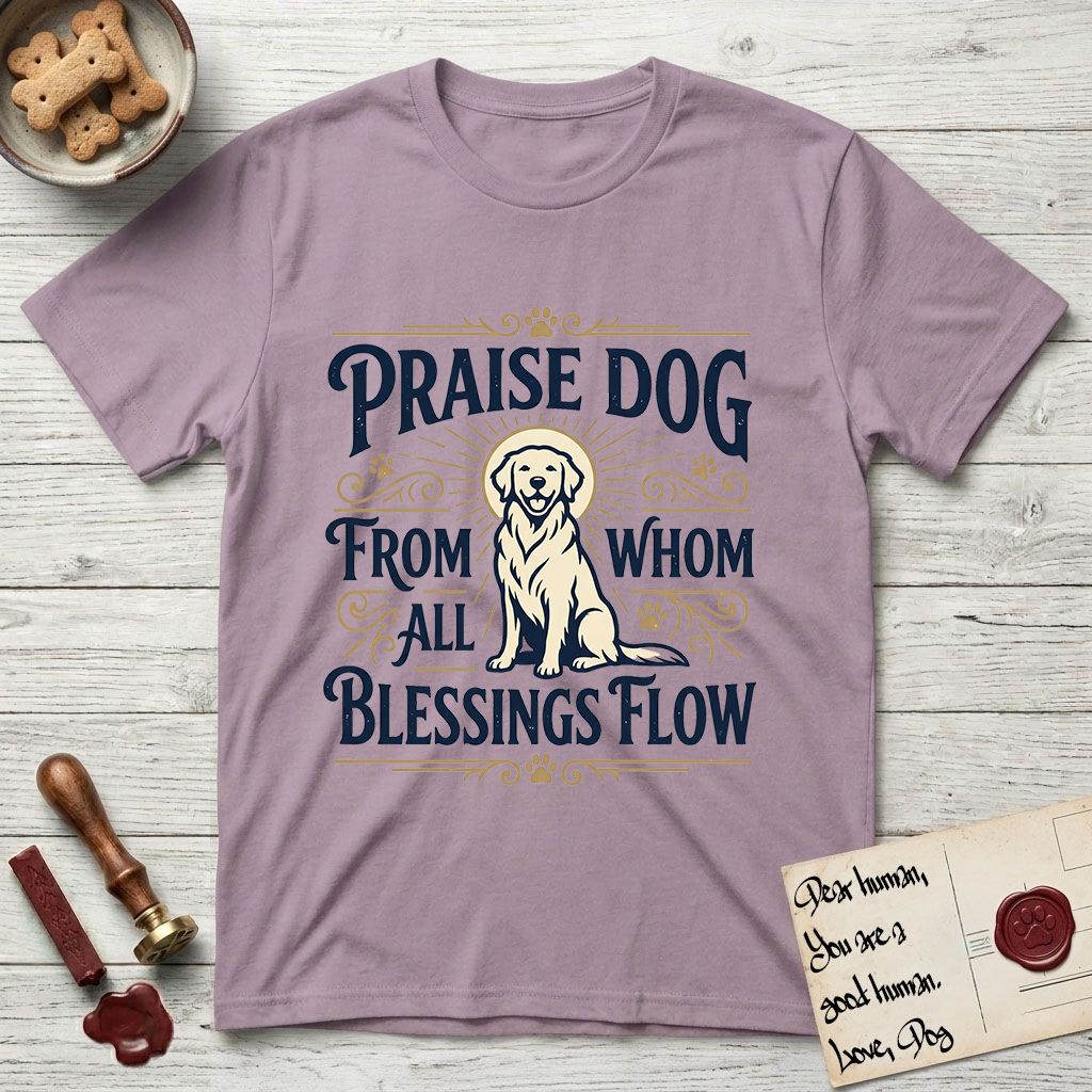 Praise Dog From Whom All Blessings Flow Golden Retriever T-Shirt flat lay in Paragon, featuring a bold Western hand-lettered "Praise Dog" design in navy and gold with a haloed Golden Retriever at center.