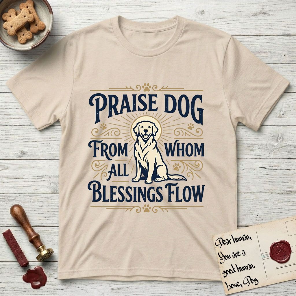 Praise Dog From Whom All Blessings Flow Golden Retriever T-Shirt flat lay in Sand, featuring a bold Western hand-lettered "Praise Dog" design in navy and gold with a haloed Golden Retriever at center.