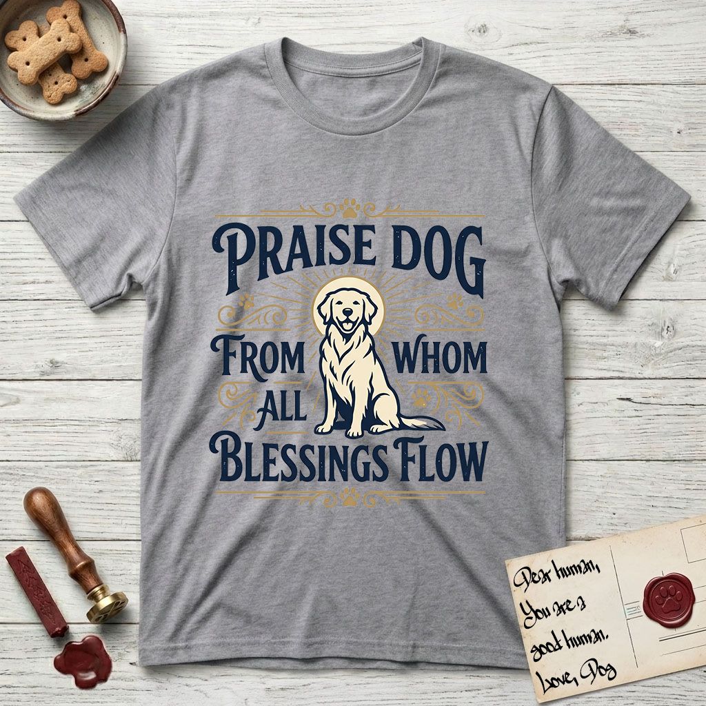 Praise Dog From Whom All Blessings Flow Golden Retriever T-Shirt flat lay in Sport Grey, featuring a bold Western hand-lettered "Praise Dog" design in navy and gold with a haloed Golden Retriever at center.