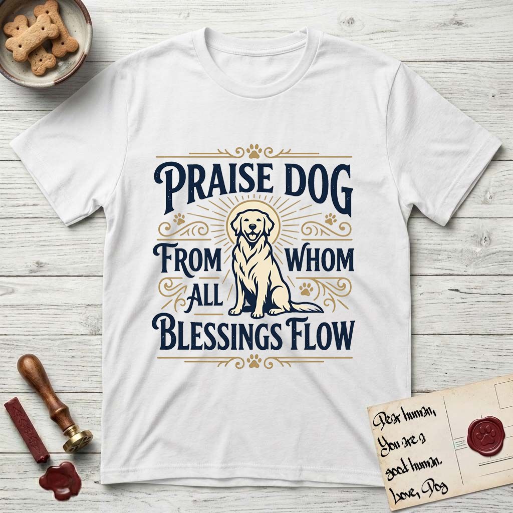 Praise Dog From Whom All Blessings Flow Golden Retriever T-Shirt flat lay in White, featuring a bold Western hand-lettered "Praise Dog" design in navy and gold with a haloed Golden Retriever at center.