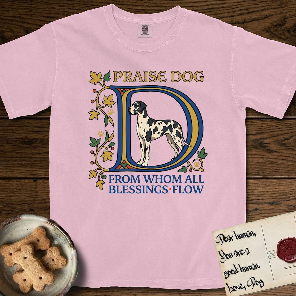 Praise Dog From Whom All Blessings Flow Great Dane T-Shirt flat lay in Blossom, featuring an illuminated manuscript capital D in blue and gold with a harlequin Great Dane standing inside the letter and the words Praise Dog From Whom All Blessings Flow.