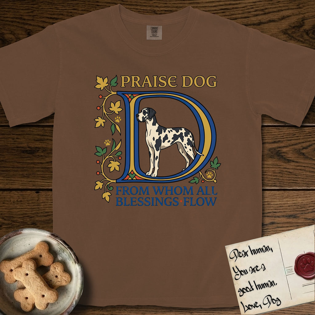 Praise Dog From Whom All Blessings Flow Great Dane T-Shirt flat lay in Espresso, featuring an illuminated manuscript capital D in blue and gold with a harlequin Great Dane standing inside the letter and the words Praise Dog From Whom All Blessings Flow.