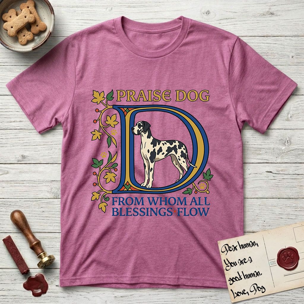 Praise Dog From Whom All Blessings Flow Great Dane T-Shirt flat lay in Heather Radiant Orchid, featuring an illuminated manuscript capital D in blue and gold with a harlequin Great Dane standing inside the letter and the words Praise Dog From Whom All Blessings Flow.