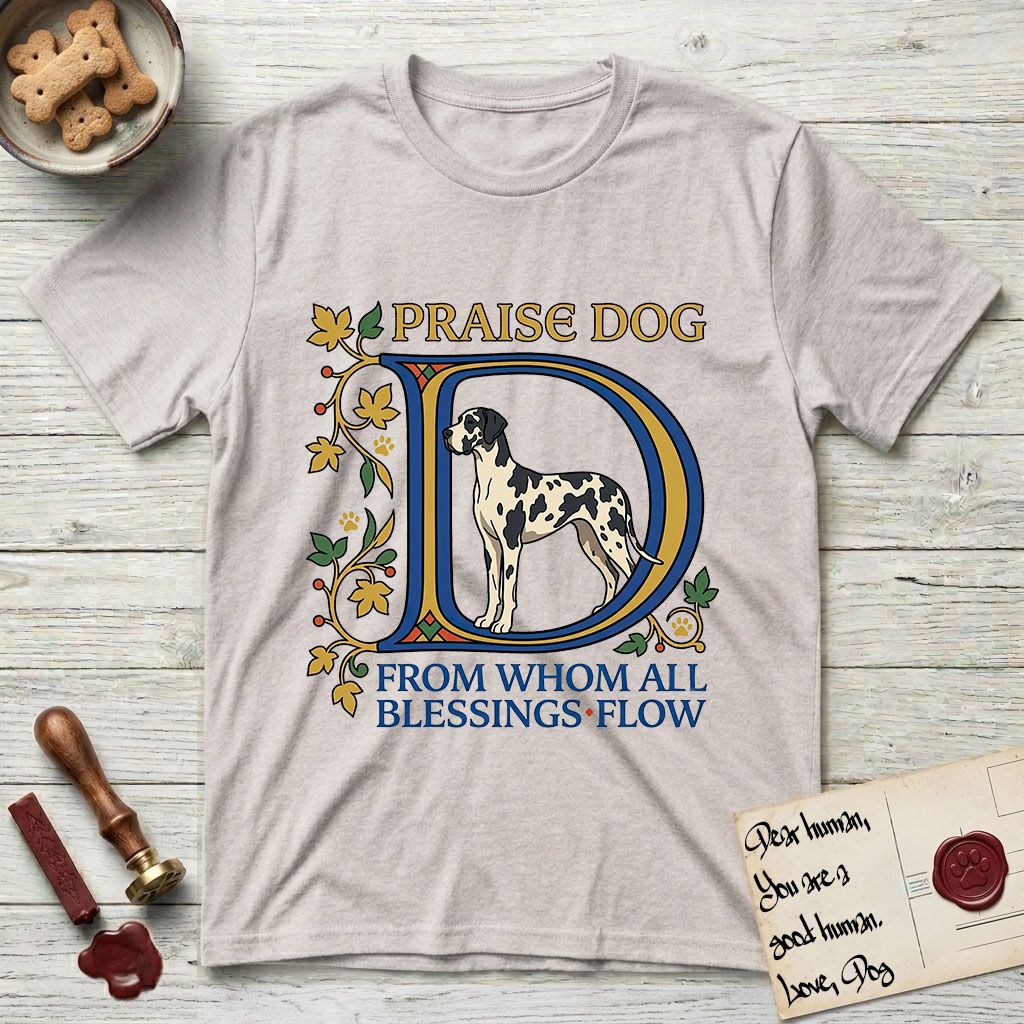 Praise Dog From Whom All Blessings Flow Great Dane T-Shirt flat lay in Ice Grey, featuring an illuminated manuscript capital D in blue and gold with a harlequin Great Dane standing inside the letter and the words Praise Dog From Whom All Blessings Flow.