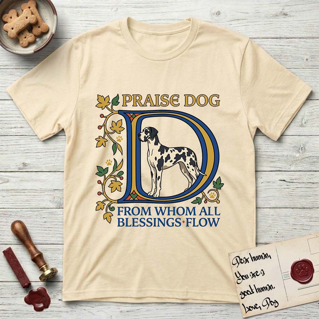 Praise Dog From Whom All Blessings Flow Great Dane T-Shirt flat lay in Natural, featuring an illuminated manuscript capital D in blue and gold with a harlequin Great Dane standing inside the letter and the words Praise Dog From Whom All Blessings Flow.