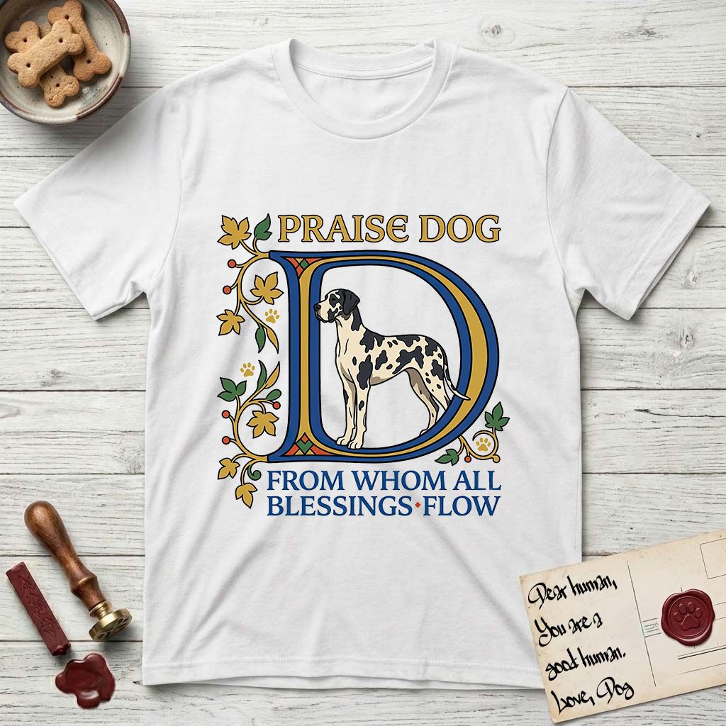 Praise Dog From Whom All Blessings Flow Great Dane T-Shirt flat lay in White, featuring an illuminated manuscript capital D in blue and gold with a harlequin Great Dane standing inside the letter and the words Praise Dog From Whom All Blessings Flow.