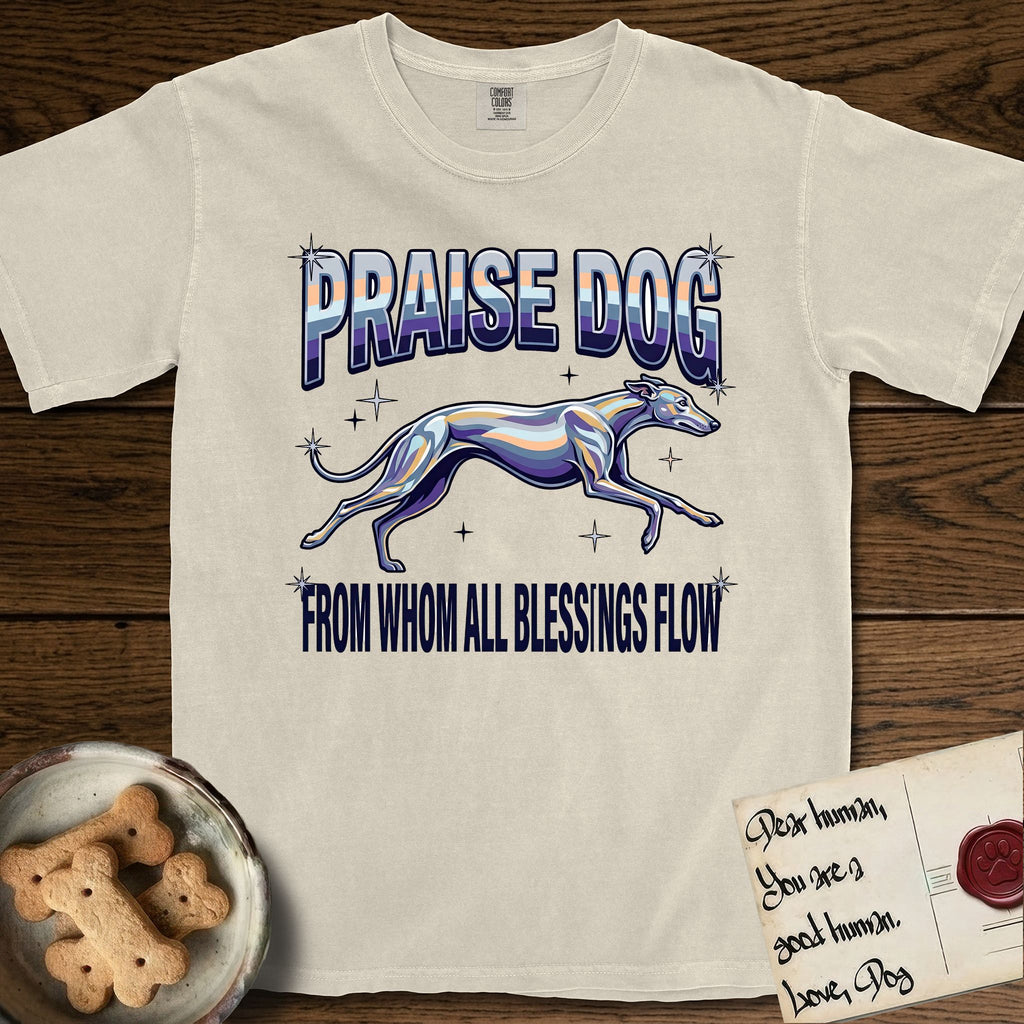 Praise Dog From Whom All Blessings Flow Greyhound T-Shirt flat lay in Ivory, featuring a retro chrome airbrush design with a Greyhound running at full stretch among sparkle stars and the words Praise Dog From Whom All Blessings Flow in chrome sunset lettering.