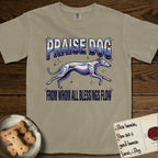 Praise Dog From Whom All Blessings Flow Greyhound T-Shirt flat lay in Khaki, featuring a retro chrome airbrush design with a Greyhound running at full stretch among sparkle stars and the words Praise Dog From Whom All Blessings Flow in chrome sunset lettering.