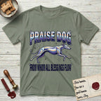 Praise Dog From Whom All Blessings Flow Greyhound T-Shirt flat lay in Sage, featuring a retro chrome airbrush design with a Greyhound running at full stretch among sparkle stars and the words Praise Dog From Whom All Blessings Flow in chrome sunset lettering.