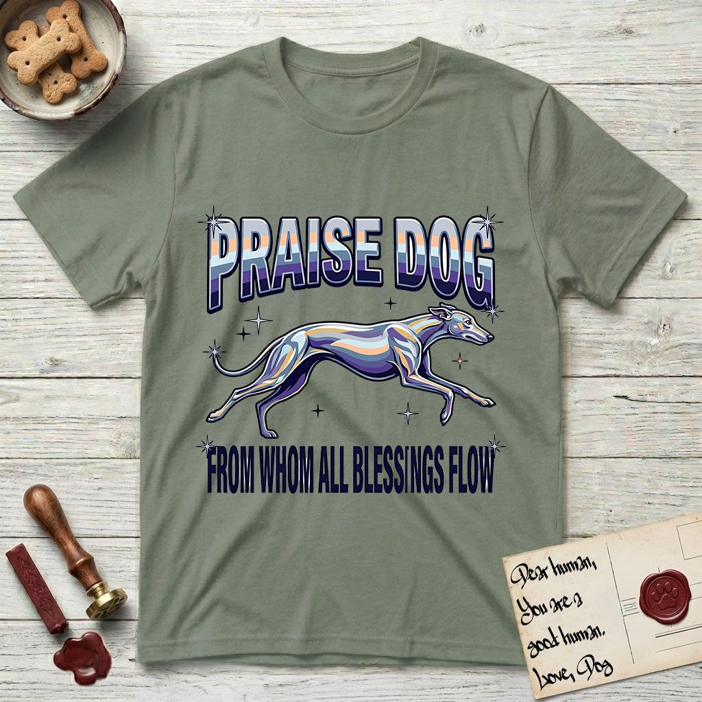 Praise Dog From Whom All Blessings Flow Greyhound T-Shirt flat lay in Sage, featuring a retro chrome airbrush design with a Greyhound running at full stretch among sparkle stars and the words Praise Dog From Whom All Blessings Flow in chrome sunset lettering.