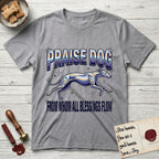 Praise Dog From Whom All Blessings Flow Greyhound T-Shirt flat lay in Sport Grey, featuring a retro chrome airbrush design with a Greyhound running at full stretch among sparkle stars and the words Praise Dog From Whom All Blessings Flow in chrome sunset lettering.
