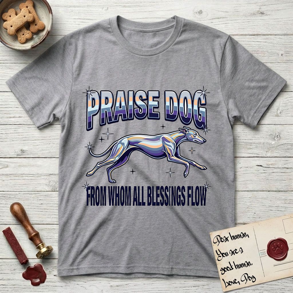 Praise Dog From Whom All Blessings Flow Greyhound T-Shirt flat lay in Sport Grey, featuring a retro chrome airbrush design with a Greyhound running at full stretch among sparkle stars and the words Praise Dog From Whom All Blessings Flow in chrome sunset lettering.