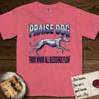 Praise Dog From Whom All Blessings Flow Greyhound T-Shirt flat lay in Watermelon, featuring a retro chrome airbrush design with a Greyhound running at full stretch among sparkle stars and the words Praise Dog From Whom All Blessings Flow in chrome sunset lettering.