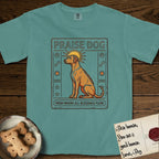 Praise Dog From Whom All Blessings Flow Rhodesian Ridgeback T-Shirt flat lay in Blue Spruce, featuring an ancient Egyptian carved-relief emblem of a Rhodesian Ridgeback in side profile with a visible spine ridge, a rayed golden sun halo, hieroglyph glyph columns, and a ragged stone border with "Praise Dog From Whom All Blessings Flow" lettering.