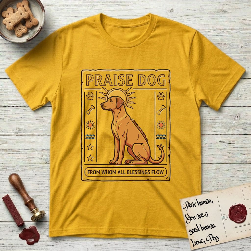 Praise Dog From Whom All Blessings Flow Rhodesian Ridgeback T-Shirt flat lay in Daisy, featuring an ancient Egyptian carved-relief emblem of a Rhodesian Ridgeback in side profile with a visible spine ridge, a rayed golden sun halo, hieroglyph glyph columns, and a ragged stone border with "Praise Dog From Whom All Blessings Flow" lettering.