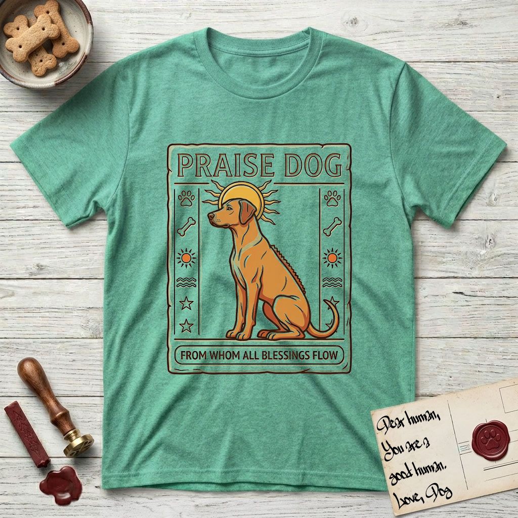 Praise Dog From Whom All Blessings Flow Rhodesian Ridgeback T-Shirt flat lay in Heather Irish Green, featuring an ancient Egyptian carved-relief emblem of a Rhodesian Ridgeback in side profile with a visible spine ridge, a rayed golden sun halo, hieroglyph glyph columns, and a ragged stone border with "Praise Dog From Whom All Blessings Flow" lettering.