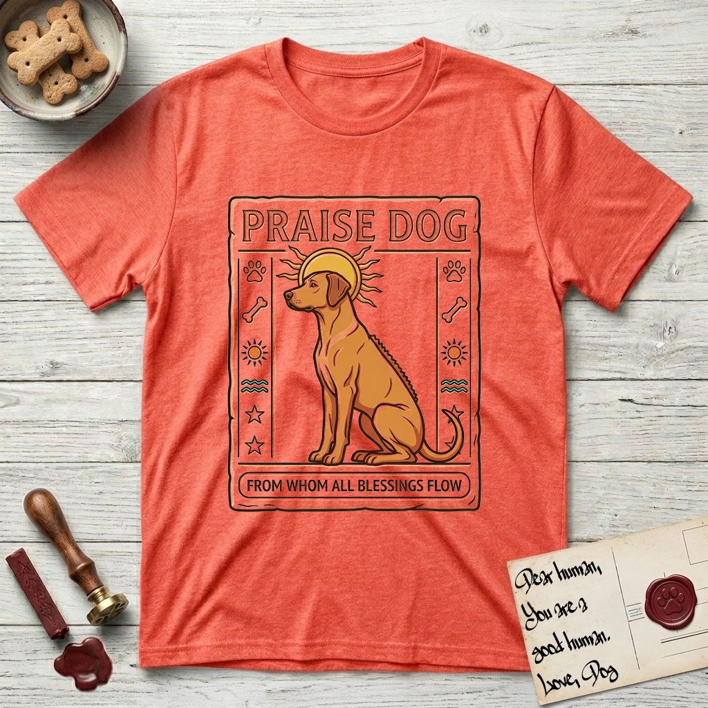 Praise Dog From Whom All Blessings Flow Rhodesian Ridgeback T-Shirt flat lay in Heather Orange, featuring an ancient Egyptian carved-relief emblem of a Rhodesian Ridgeback in side profile with a visible spine ridge, a rayed golden sun halo, hieroglyph glyph columns, and a ragged stone border with "Praise Dog From Whom All Blessings Flow" lettering.