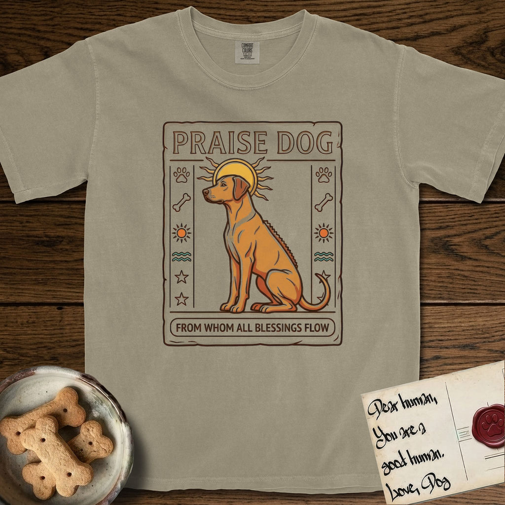Praise Dog From Whom All Blessings Flow Rhodesian Ridgeback T-Shirt flat lay in Khaki, featuring an ancient Egyptian carved-relief emblem of a Rhodesian Ridgeback in side profile with a visible spine ridge, a rayed golden sun halo, hieroglyph glyph columns, and a ragged stone border with "Praise Dog From Whom All Blessings Flow" lettering.