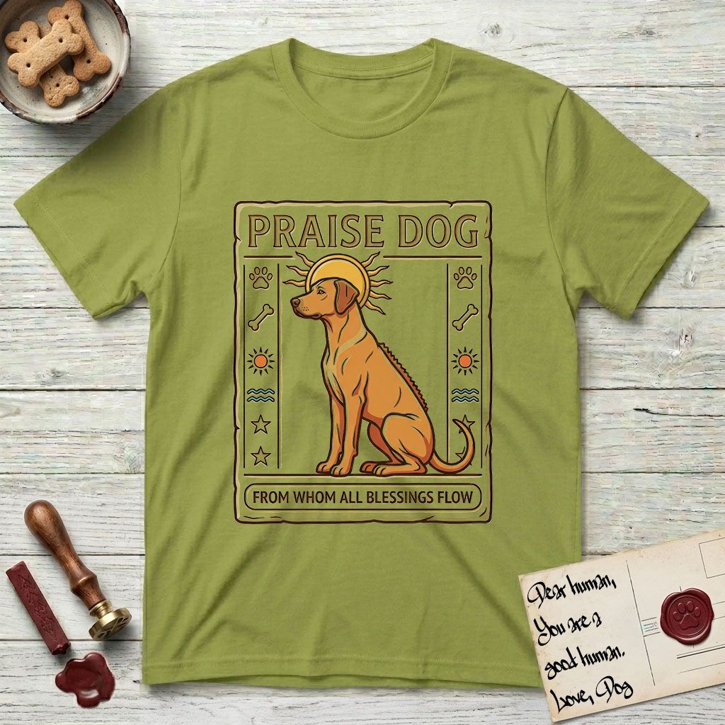 Praise Dog From Whom All Blessings Flow Rhodesian Ridgeback T-Shirt flat lay in Kiwi, featuring an ancient Egyptian carved-relief emblem of a Rhodesian Ridgeback in side profile with a visible spine ridge, a rayed golden sun halo, hieroglyph glyph columns, and a ragged stone border with "Praise Dog From Whom All Blessings Flow" lettering.