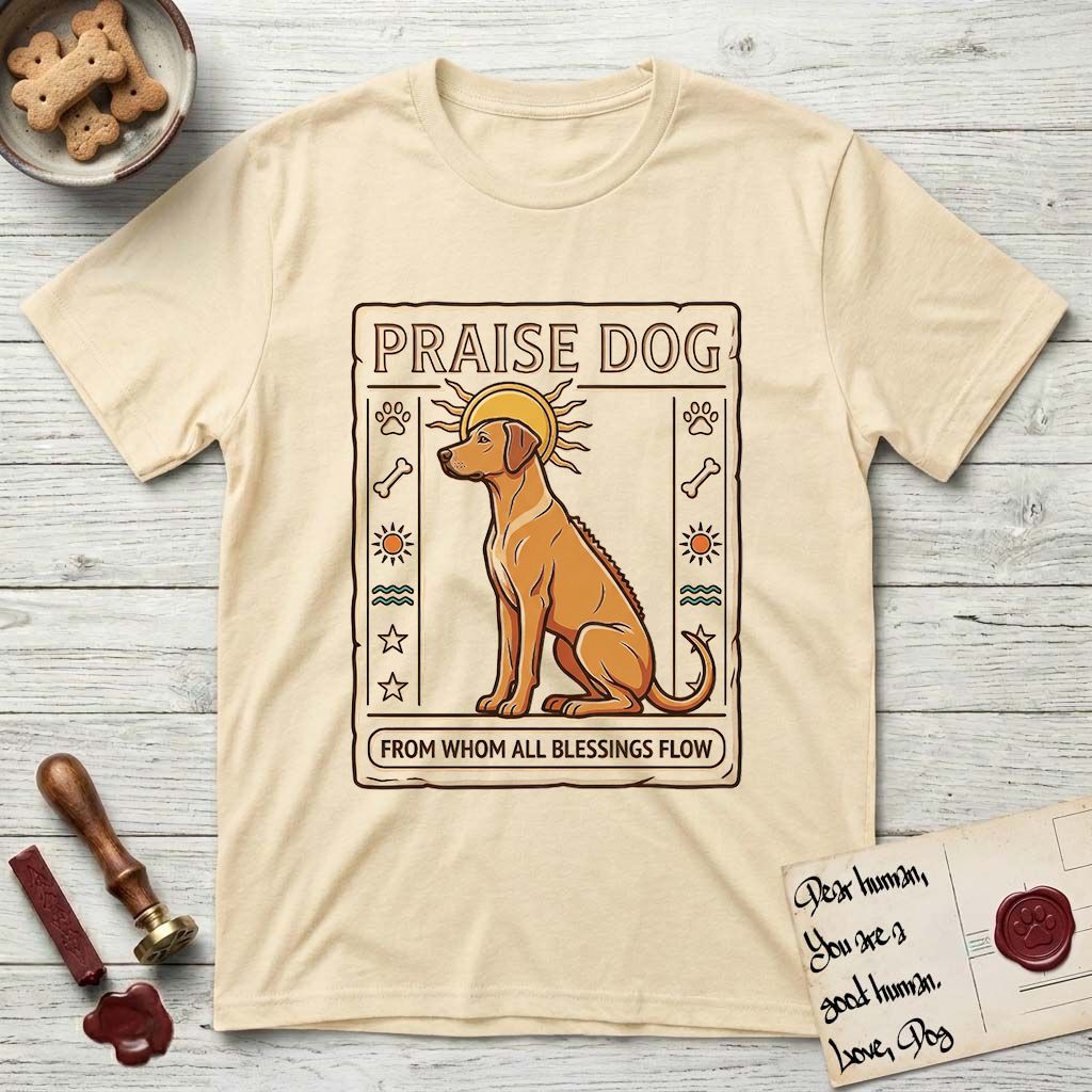 Praise Dog From Whom All Blessings Flow Rhodesian Ridgeback T-Shirt flat lay in Natural, featuring an ancient Egyptian carved-relief emblem of a Rhodesian Ridgeback in side profile with a visible spine ridge, a rayed golden sun halo, hieroglyph glyph columns, and a ragged stone border with "Praise Dog From Whom All Blessings Flow" lettering.