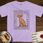 Praise Dog From Whom All Blessings Flow Rhodesian Ridgeback T-Shirt flat lay in Orchid, featuring an ancient Egyptian carved-relief emblem of a Rhodesian Ridgeback in side profile with a visible spine ridge, a rayed golden sun halo, hieroglyph glyph columns, and a ragged stone border with "Praise Dog From Whom All Blessings Flow" lettering.