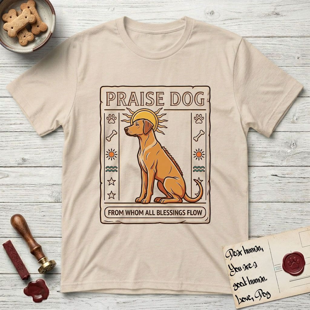 Praise Dog From Whom All Blessings Flow Rhodesian Ridgeback T-Shirt flat lay in Sand, featuring an ancient Egyptian carved-relief emblem of a Rhodesian Ridgeback in side profile with a visible spine ridge, a rayed golden sun halo, hieroglyph glyph columns, and a ragged stone border with "Praise Dog From Whom All Blessings Flow" lettering.