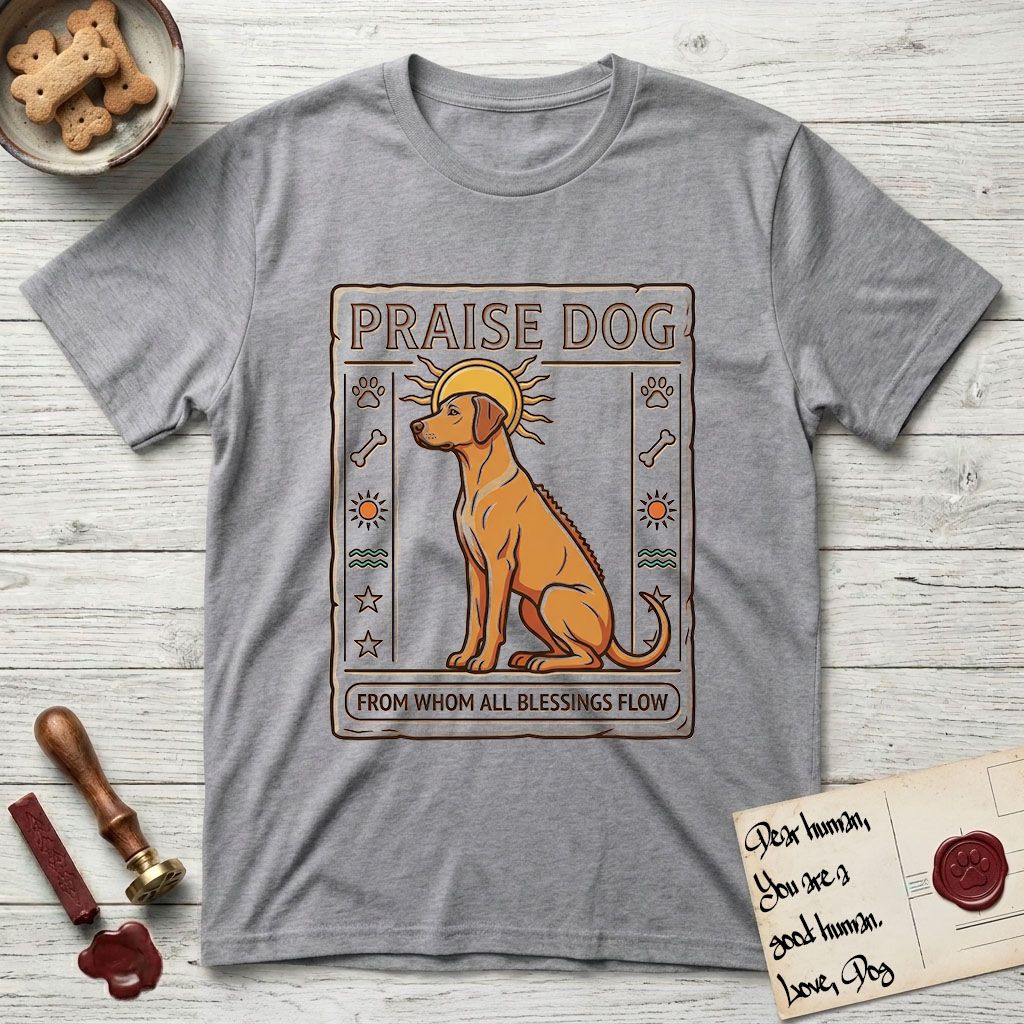 Praise Dog From Whom All Blessings Flow Rhodesian Ridgeback T-Shirt flat lay in Sport Grey, featuring an ancient Egyptian carved-relief emblem of a Rhodesian Ridgeback in side profile with a visible spine ridge, a rayed golden sun halo, hieroglyph glyph columns, and a ragged stone border with "Praise Dog From Whom All Blessings Flow" lettering.