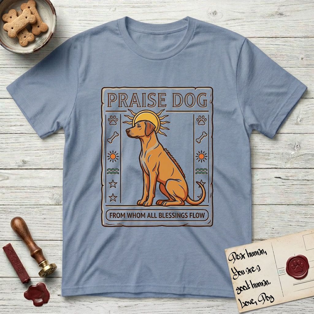 Praise Dog From Whom All Blessings Flow Rhodesian Ridgeback T-Shirt flat lay in Stone Blue, featuring an ancient Egyptian carved-relief emblem of a Rhodesian Ridgeback in side profile with a visible spine ridge, a rayed golden sun halo, hieroglyph glyph columns, and a ragged stone border with "Praise Dog From Whom All Blessings Flow" lettering.