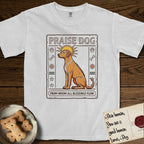 Praise Dog From Whom All Blessings Flow Rhodesian Ridgeback T-Shirt flat lay in White, featuring an ancient Egyptian carved-relief emblem of a Rhodesian Ridgeback in side profile with a visible spine ridge, a rayed golden sun halo, hieroglyph glyph columns, and a ragged stone border with "Praise Dog From Whom All Blessings Flow" lettering.