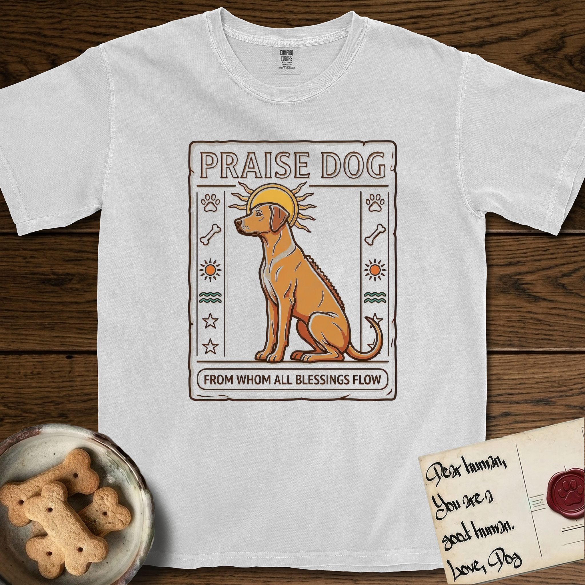 Praise Dog From Whom All Blessings Flow Rhodesian Ridgeback T-Shirt flat lay in White, featuring an ancient Egyptian carved-relief emblem of a Rhodesian Ridgeback in side profile with a visible spine ridge, a rayed golden sun halo, hieroglyph glyph columns, and a ragged stone border with "Praise Dog From Whom All Blessings Flow" lettering.