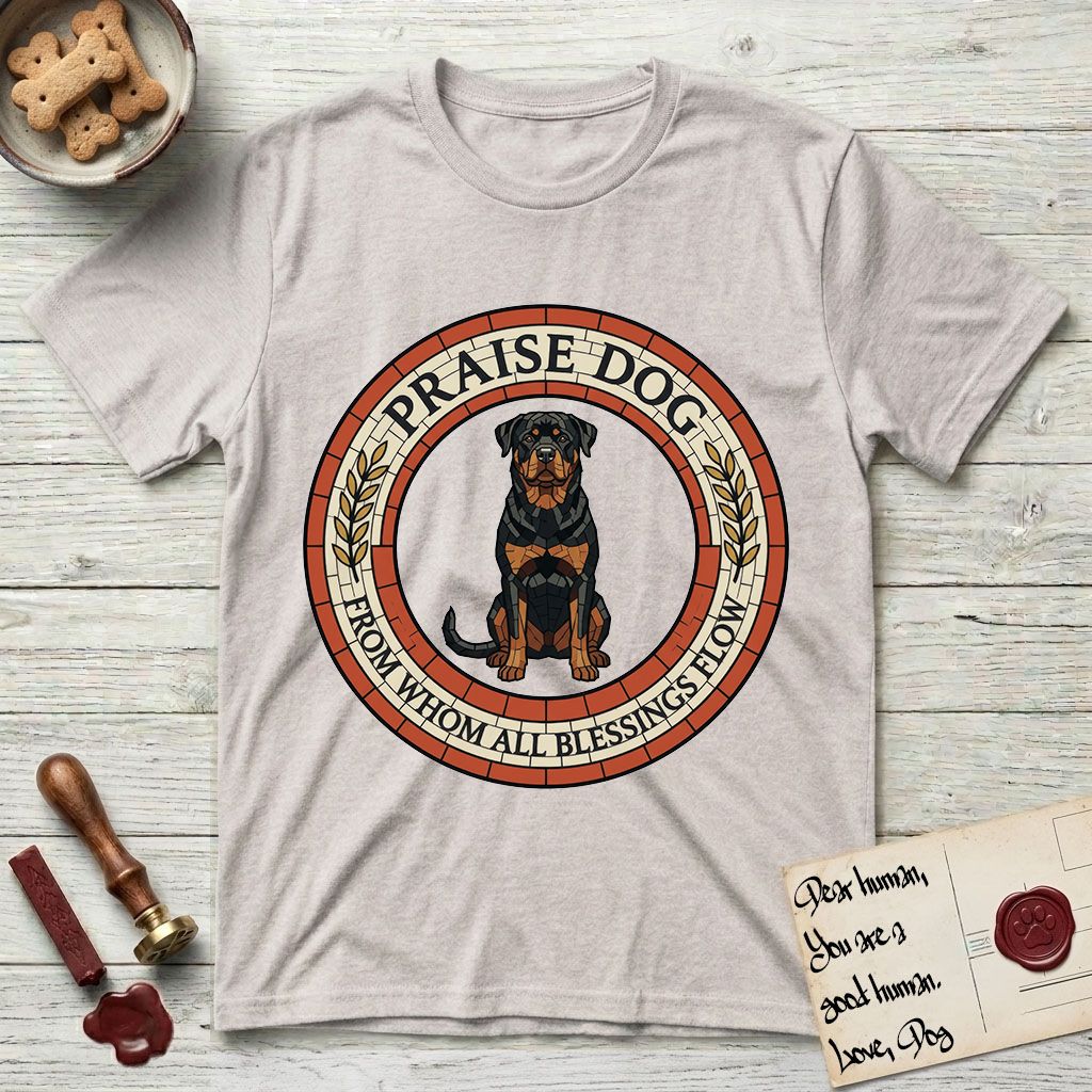 Praise Dog From Whom All Blessings Flow Rottweiler T-Shirt flat lay in Ice Grey, featuring a Roman mosaic ring medallion of a seated Rottweiler with natural ears and a full undocked tail, built from terracotta and mahogany tiles and flanked by laurel branches, with "Praise Dog From Whom All Blessings Flow" lettering.