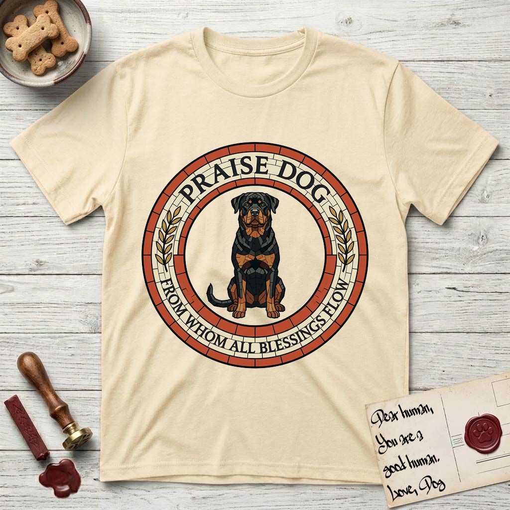 Praise Dog From Whom All Blessings Flow Rottweiler T-Shirt flat lay in Natural, featuring a Roman mosaic ring medallion of a seated Rottweiler with natural ears and a full undocked tail, built from terracotta and mahogany tiles and flanked by laurel branches, with "Praise Dog From Whom All Blessings Flow" lettering.