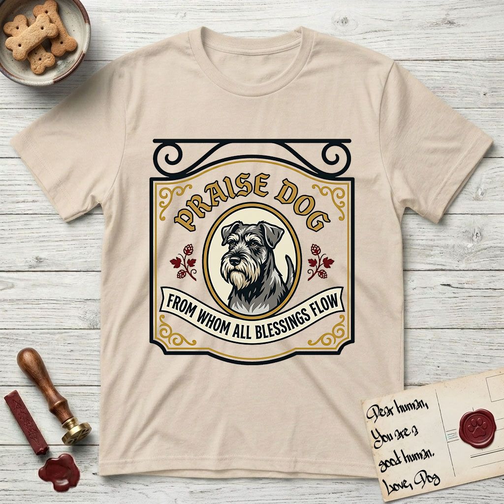 Praise Dog From Whom All Blessings Flow Schnauzer T-Shirt flat lay in Sand, featuring a vintage tavern sign with a bearded Schnauzer portrait in a gilded oval, hops sprigs, and a ribbon banner, with the words Praise Dog From Whom All Blessings Flow.