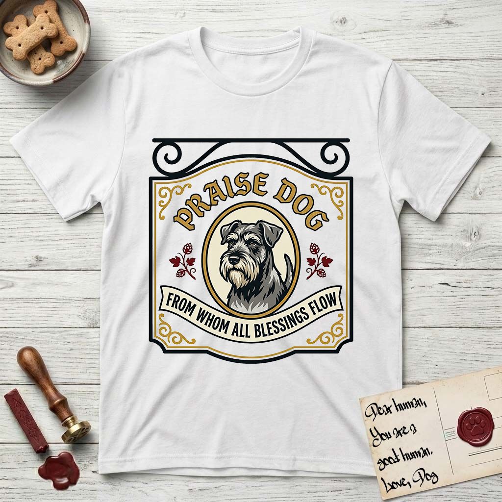 Praise Dog From Whom All Blessings Flow Schnauzer T-Shirt flat lay in White, featuring a vintage tavern sign with a bearded Schnauzer portrait in a gilded oval, hops sprigs, and a ribbon banner, with the words Praise Dog From Whom All Blessings Flow.