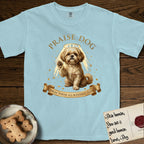 Praise Dog From Whom All Blessings Flow Shih Tzu T-Shirt flat lay in Chambray, featuring an old-master devotional oil painting of a Shih Tzu seated with one paw raised in blessing, a floating gold halo and streaming light, a shower of small gold blessings, and gilt "Praise Dog From Whom All Blessings Flow" lettering on a ribbon scroll.