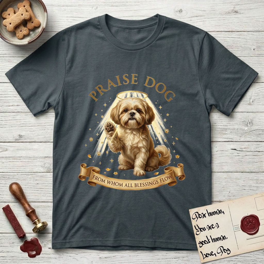 Praise Dog From Whom All Blessings Flow Shih Tzu T-Shirt flat lay in Dark Heather Grey, featuring an old-master devotional oil painting of a Shih Tzu seated with one paw raised in blessing, a floating gold halo and streaming light, a shower of small gold blessings, and gilt "Praise Dog From Whom All Blessings Flow" lettering on a ribbon scroll.