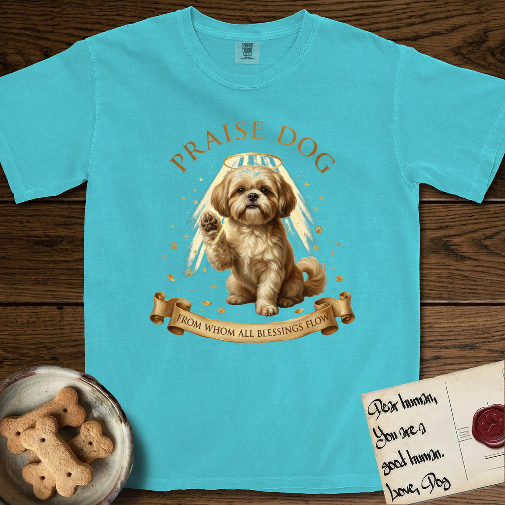 Praise Dog From Whom All Blessings Flow Shih Tzu T-Shirt flat lay in Lagoon Blue, featuring an old-master devotional oil painting of a Shih Tzu seated with one paw raised in blessing, a floating gold halo and streaming light, a shower of small gold blessings, and gilt "Praise Dog From Whom All Blessings Flow" lettering on a ribbon scroll.