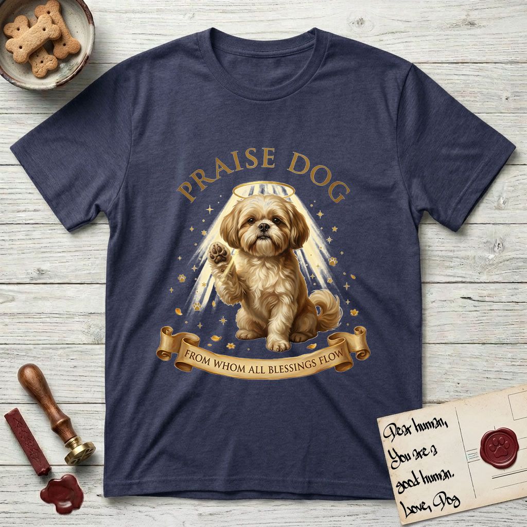 Praise Dog From Whom All Blessings Flow Shih Tzu T-Shirt flat lay in Navy, featuring an old-master devotional oil painting of a Shih Tzu seated with one paw raised in blessing, a floating gold halo and streaming light, a shower of small gold blessings, and gilt "Praise Dog From Whom All Blessings Flow" lettering on a ribbon scroll.