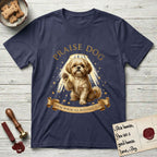 Praise Dog From Whom All Blessings Flow Shih Tzu T-Shirt flat lay in Navy, featuring an old-master devotional oil painting of a Shih Tzu seated with one paw raised in blessing, a floating gold halo and streaming light, a shower of small gold blessings, and gilt "Praise Dog From Whom All Blessings Flow" lettering on a ribbon scroll.