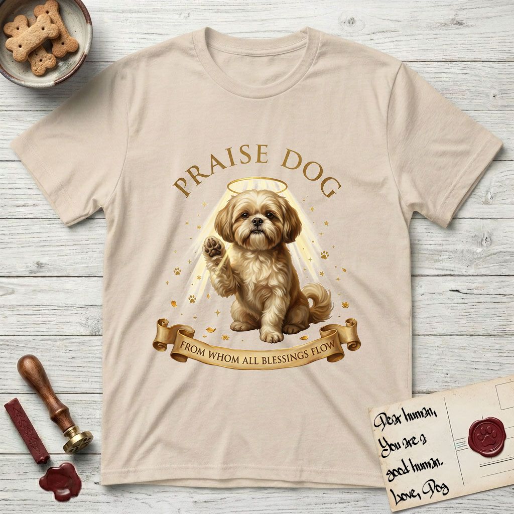 Praise Dog From Whom All Blessings Flow Shih Tzu T-Shirt flat lay in Sand, featuring an old-master devotional oil painting of a Shih Tzu seated with one paw raised in blessing, a floating gold halo and streaming light, a shower of small gold blessings, and gilt "Praise Dog From Whom All Blessings Flow" lettering on a ribbon scroll.