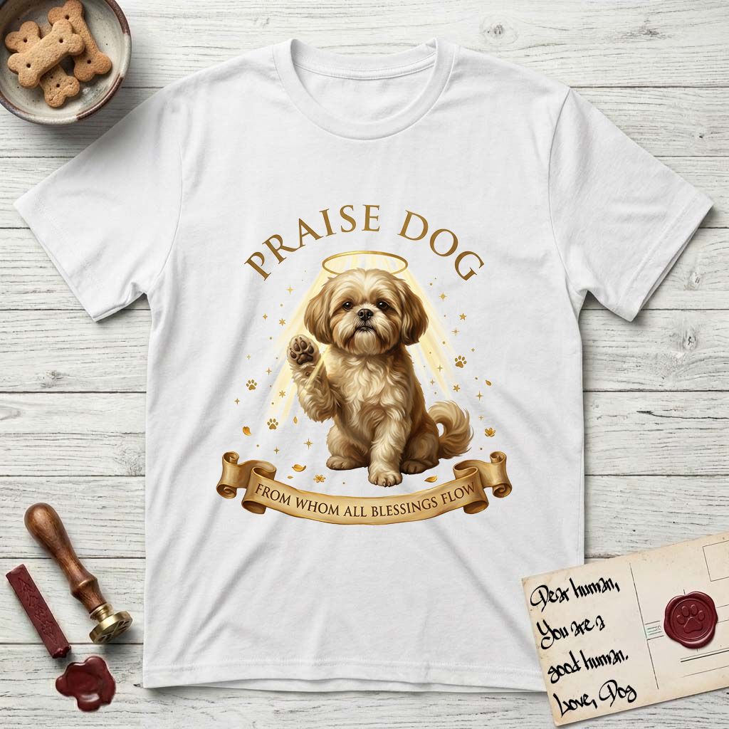 Praise Dog From Whom All Blessings Flow Shih Tzu T-Shirt flat lay in White, featuring an old-master devotional oil painting of a Shih Tzu seated with one paw raised in blessing, a floating gold halo and streaming light, a shower of small gold blessings, and gilt "Praise Dog From Whom All Blessings Flow" lettering on a ribbon scroll.