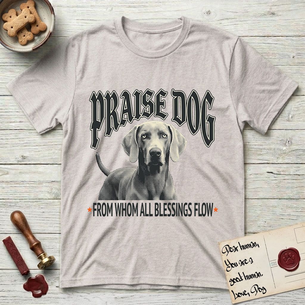 Praise Dog From Whom All Blessings Flow Weimaraner T-Shirt flat lay in Ice Grey, featuring a gothic halftone poster with a Weimaraner staring straight ahead beneath heavy blackletter lettering and the words Praise Dog From Whom All Blessings Flow.