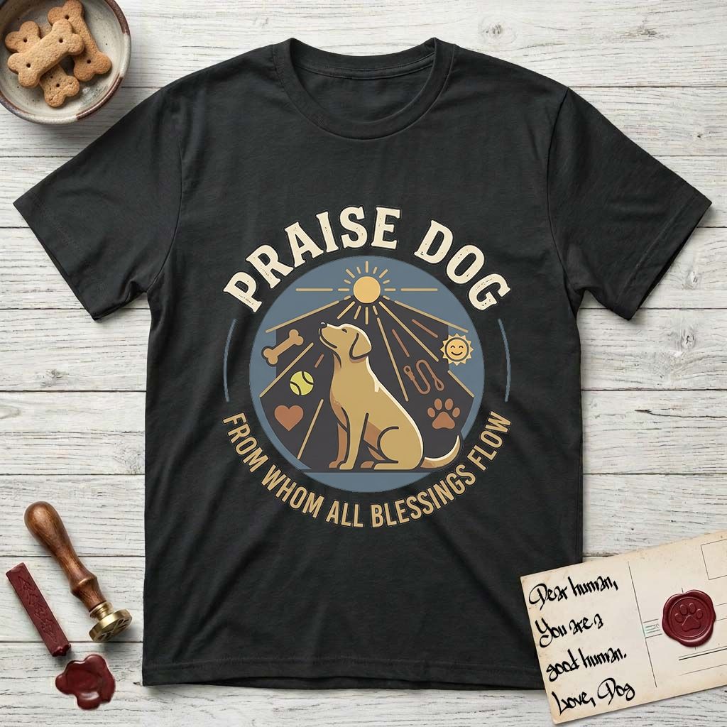 Praise Dog From Whom All Blessings Flow Yellow Lab T-Shirt flat lay in Black, featuring a warm vintage circular emblem with an upward-gazing Yellow Lab, a sunburst, and a devotional border of small hearts and stars.
