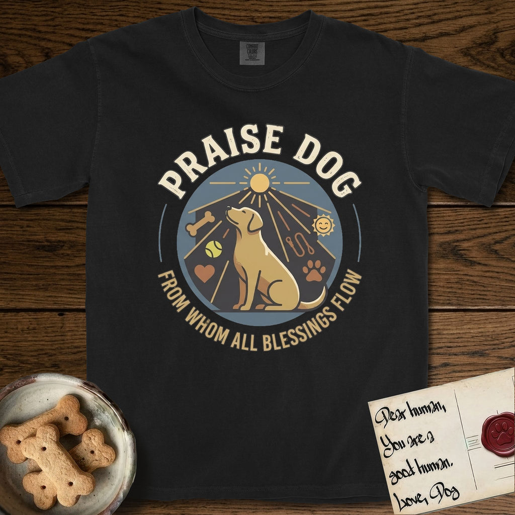 Praise Dog From Whom All Blessings Flow Yellow Lab T-Shirt flat lay in Black, featuring a warm vintage circular emblem with an upward-gazing Yellow Lab, a sunburst, and a devotional border of small hearts and stars.